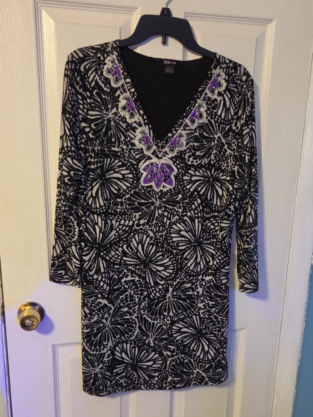 Style & Co. Black and White Floral V-Neck Tunic with Purple Embroidery